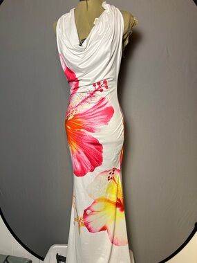SHEIN hibiscus cowl neck maxi white red yellow dress